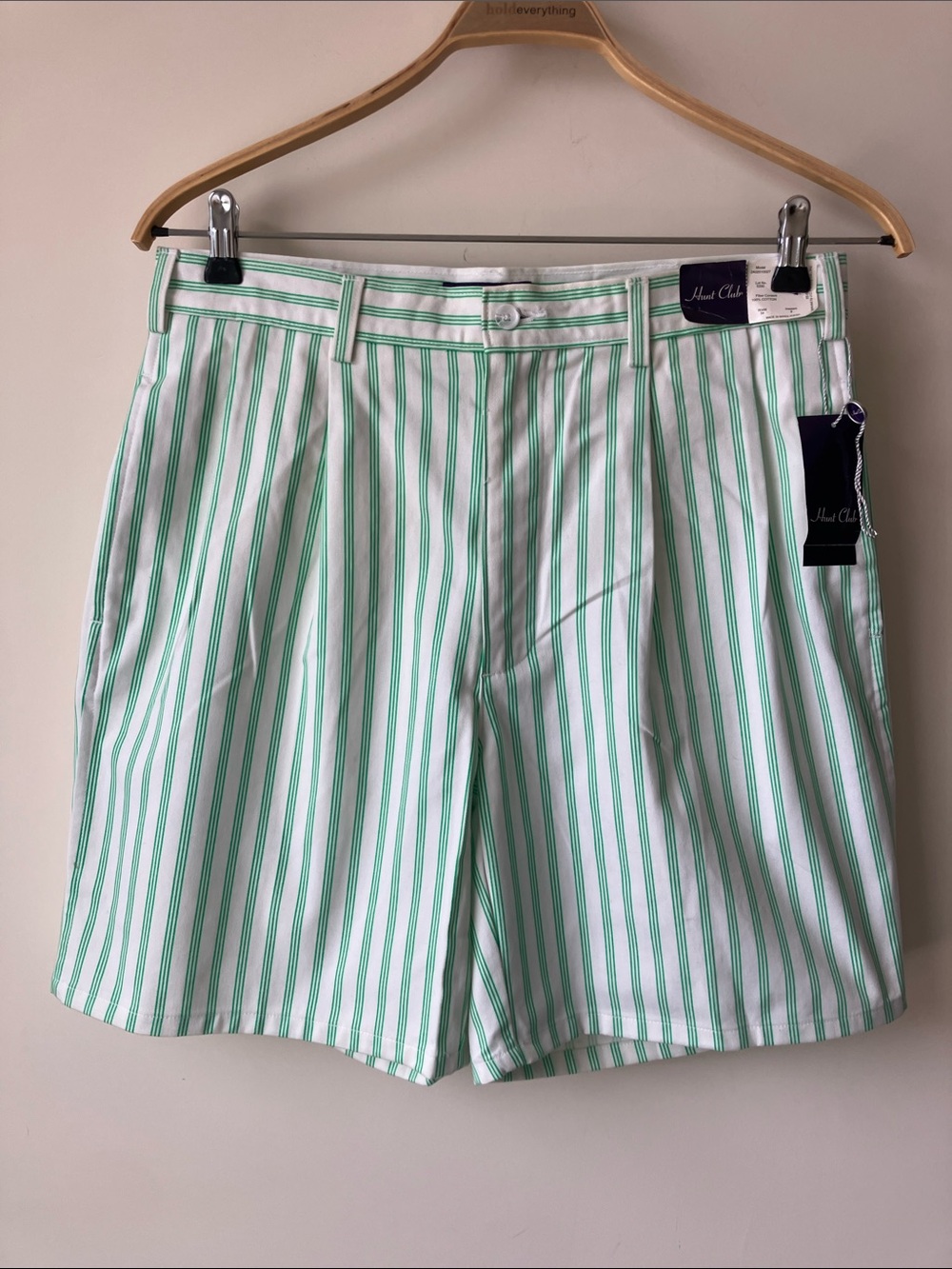 HUNT CLUB Vintage White/Lime Green Striped Flat-Front Cotton Shorts Men’s 34 NWT